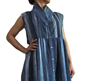 Natural Indigo Dyed Sleeveless Long Tunic  (DRL-008)