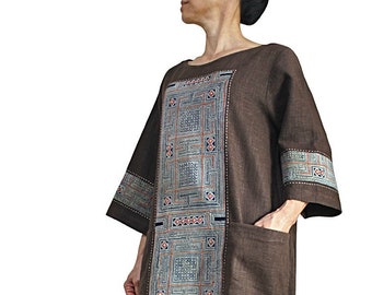 Hemp Dress with Vintage Hmong Handwoven Indigo Batik (DHM-005-05B)