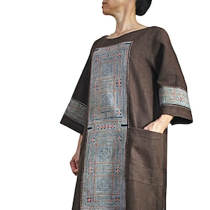 Hemp Dress with Old Hmong Handwoven Indigo Batik (DHM-005-05B)