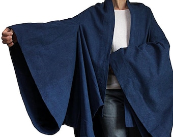 Natural Indigo-Dyed True Hemp Kimono Cocoon Robe Coat soft-finished (JFS-189-03) No Extra Customs Fees to US(DDP Shipping)