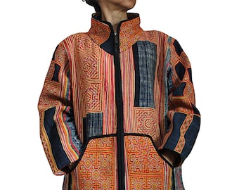 Zip Up Jacket made from Old Hmong Embroidered Fabric  (JHM-005-08)
