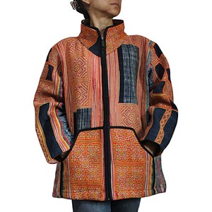 Zip Up Jacket made from Old Hmong Embroidered Fabric  (JHM-005-08)