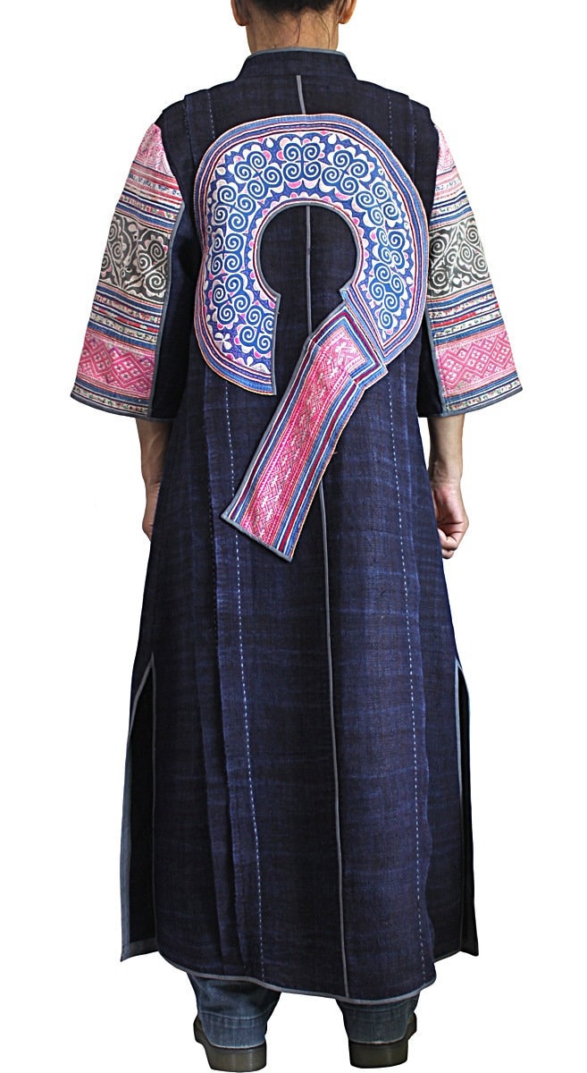 Indigo Hemp Coat made from Old Hmong Embroidered Fabric (JHM-015-07,08)