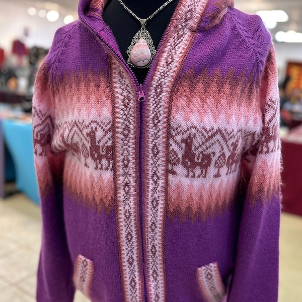 Peruvian llama sweater jacket - Easter Spring outfit or gift! Hoodie, pockets and zipper, warm!