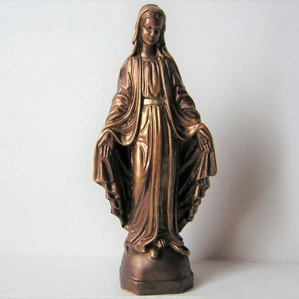 Antique religious little statue, Virgin Mary, bronze and gold colours, 4.92"