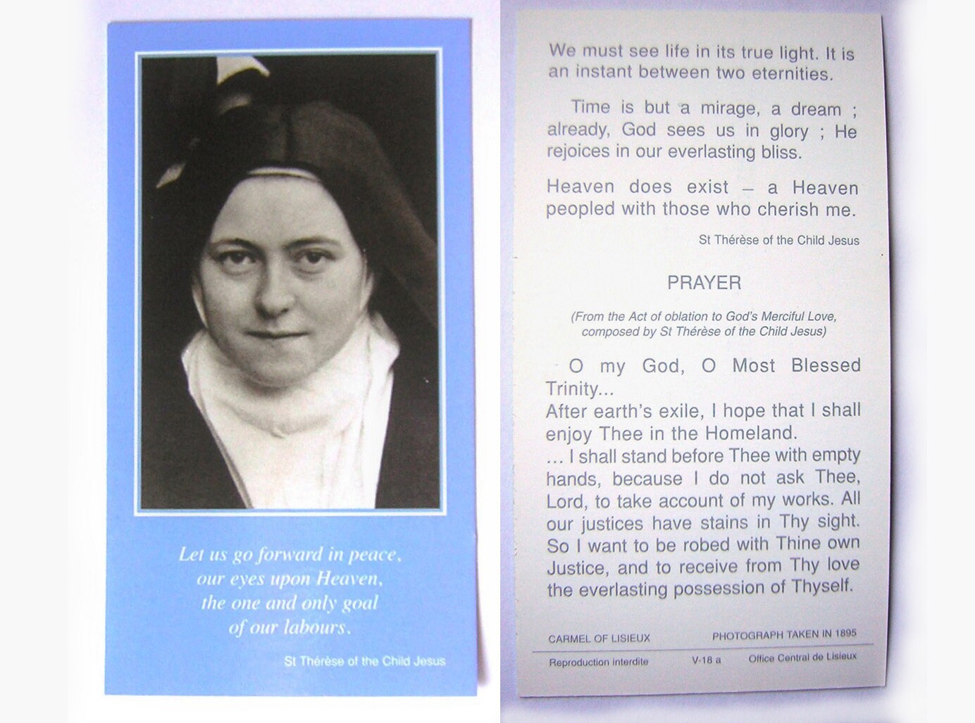 Photo de Sainte Thérèse L'enfant Jésus Petite Image Pieuse Photo/Marque-Page avec Prière Au Dos, en 