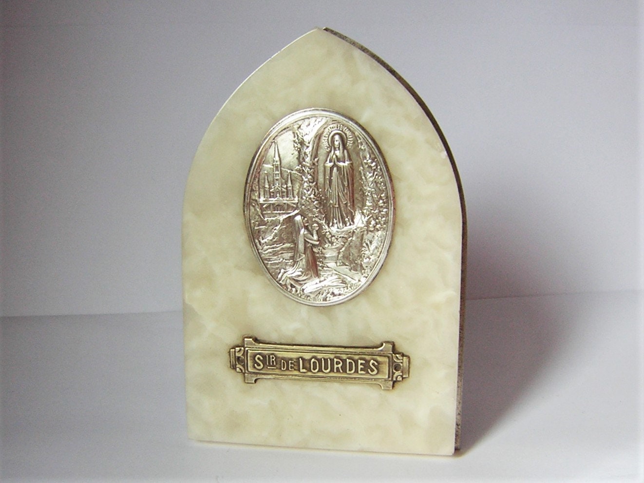 Ancien Cadre Religieux Marbre Vert Pâle sur Laiton, Médaille Religieuse/ Médaillon de La Vierge, Not