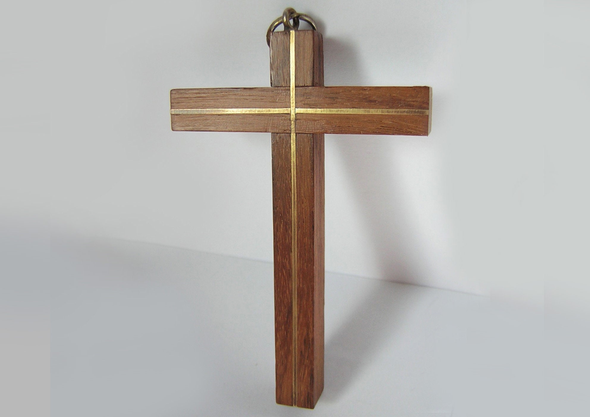 Petit Crucifix/Croix Pectorale - Pendentif Religieux, Bois et Laiton Incrusté, 9 cm