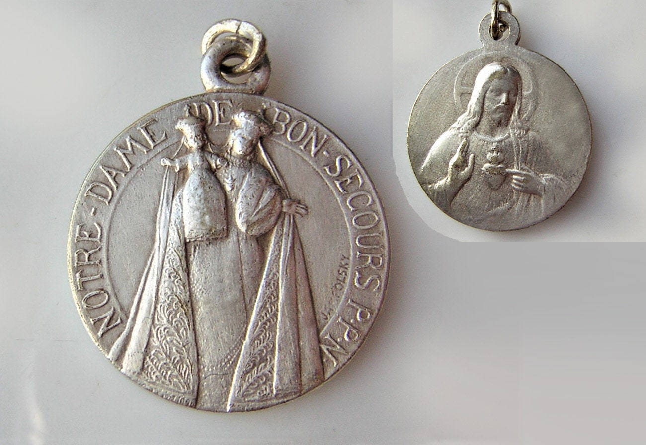 Notre Dame Du Bonsecours/Coeur Sacré de Jésus, Belle Médaille Religieuse Ancienne, Protectrice, Vier