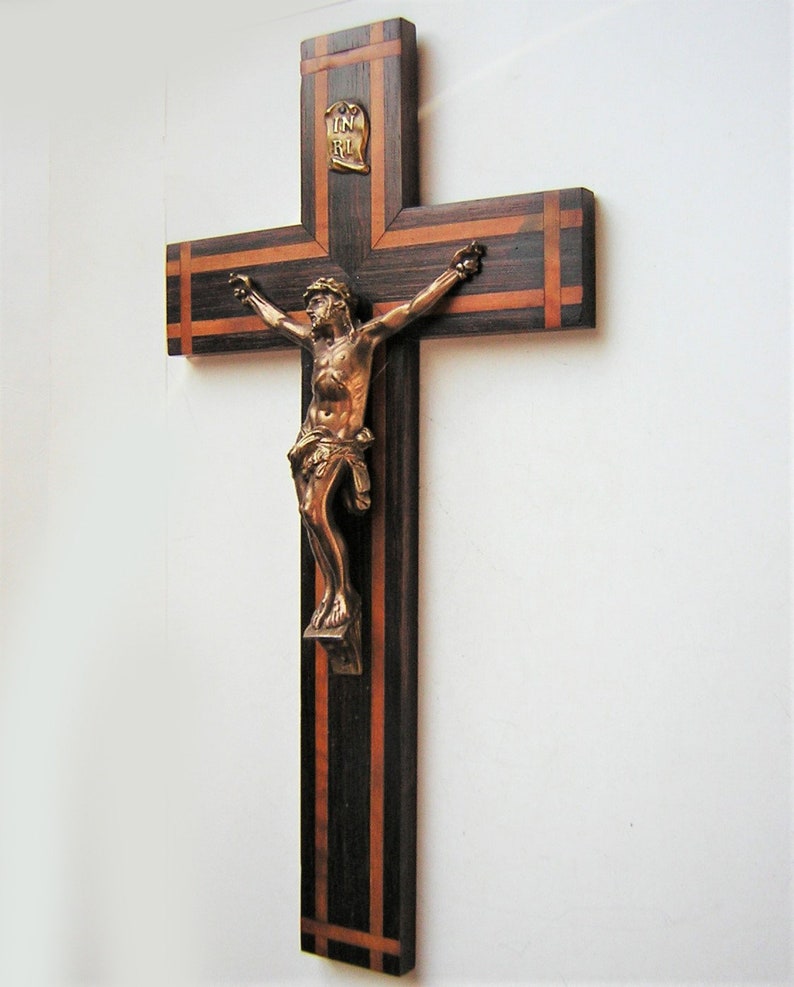 Antique wall crucifix massive wood with a lighter wood inlay Etsy