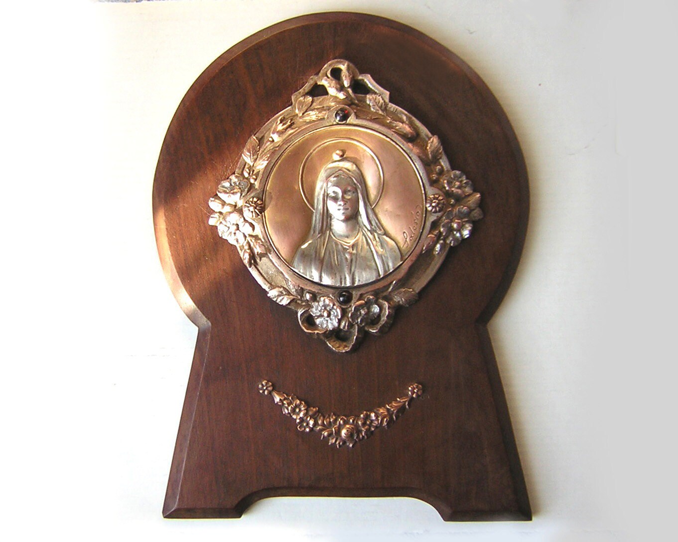 Vierge Marie, Grand Cadre Religieux Ancien | 1908, Bois et Laiton, 24 cm.