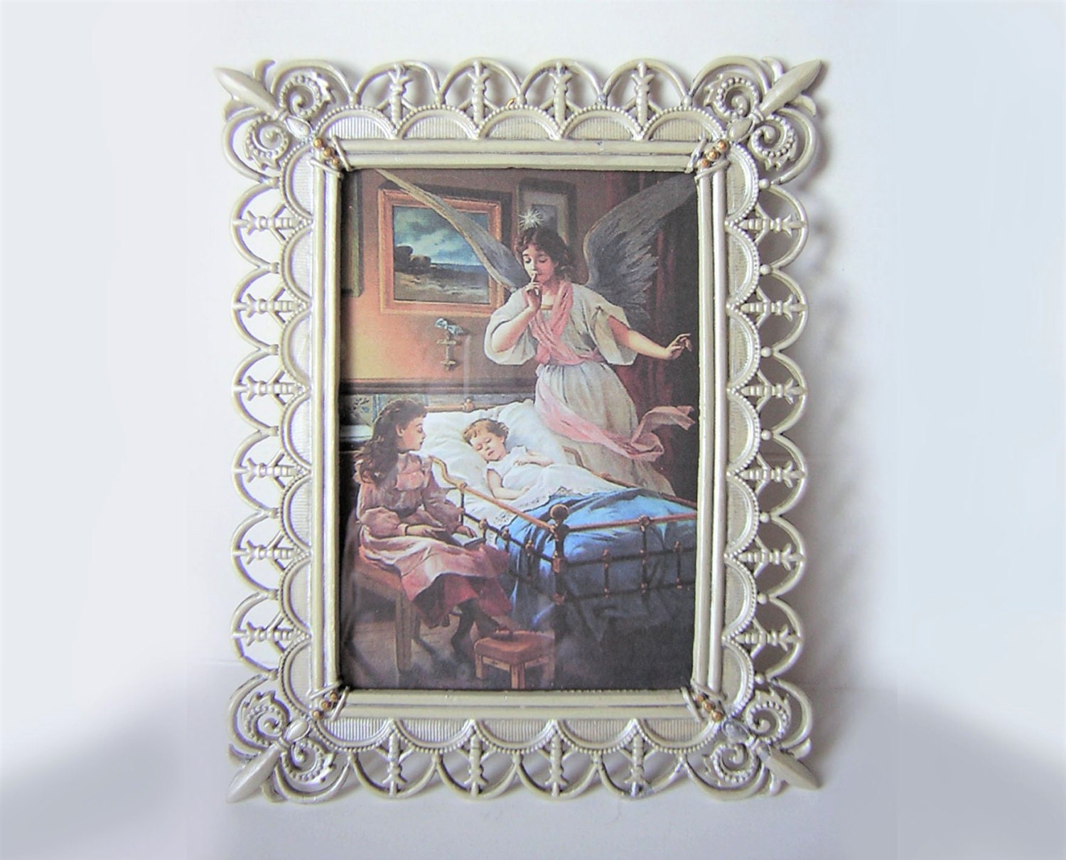 Ange Gardien /Chérubin/Bébé, Enfant Endormi - Petit Cadre/Tableau Religieux Image Pieuse, 13 cm