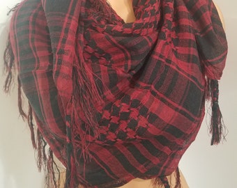 Red and Black Plaid Cotton Scarf: Unisex Neck Warmer