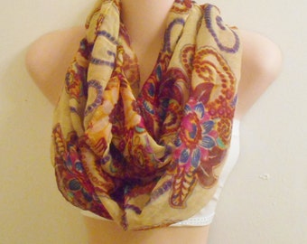 Floral Infinity Scarf: Khaki Viscose Boho Scarf