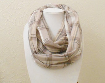 Plaid Infinity Scarf: Cotton Flannel Blend, Gray Brown White