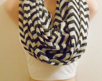 Chevron Infinity Scarf: Black and White Viscose Fashion Scarf