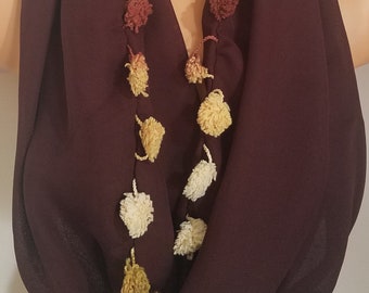 Brown Georgette Infinity Scarf with PomPoms