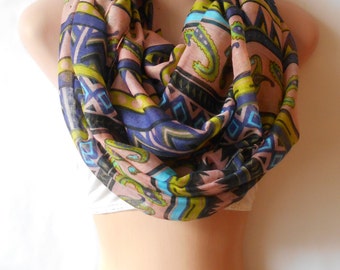 Bohemian Infinity Scarf: Southwestern Aztec Tribal Print Loop Scarf