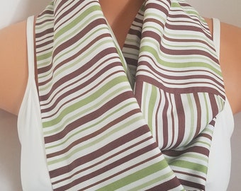 Striped Cotton Infinity Scarf: Brown, Green & White Cowl