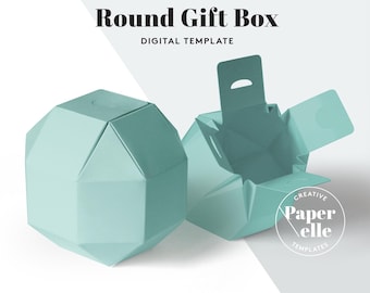 May include: A digital template for a round gift box. The template is shown as a folded box and an unfolded box. The box is a light blue color.