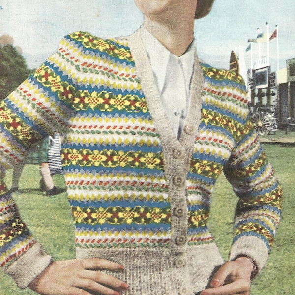 1950s Knitting Pattern for Womens Fair Isle Cardigan- Bestway 2637 - Digital PDF