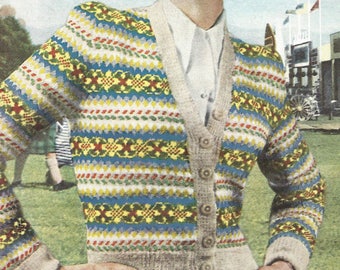 1950s Knitting Pattern for Womens Fair Isle Cardigan- Bestway 2637 - Digital PDF