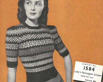 1940s Knitting Pattern for Womens Norwegian Fair Isle Jumper -  Digital PDF