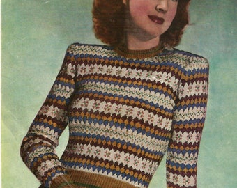 1940s Knitting Pattern for Womens Fair Isle Jumper - Bestway 1490 - Digital PDF