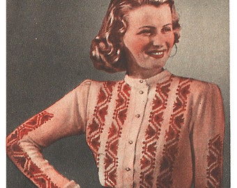 1940s Knitting Pattern for Womens Cardigan / Jacket with Colorwork - 35 in 88 cm bust - Digital PDF