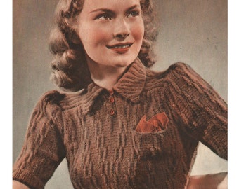 1940s Knitting Pattern for Womens Blouse / Jumper - Short puffed Sleeves - 37 38 in bust - Digital PDF