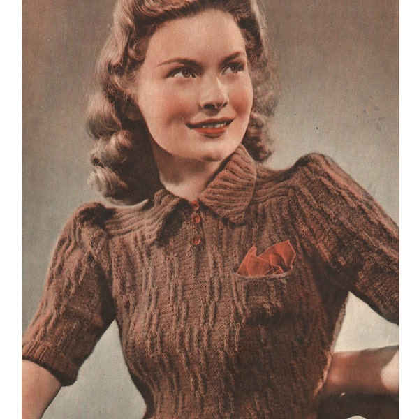 1940s Knitting Pattern for Womens Blouse / Jumper - Short puffed Sleeves - 37 38 in bust - Digital PDF