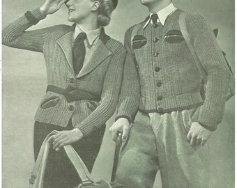 1930s Knitting Patterns for Women and Mens Sports or Hiking Coat / Vest / Jacket / Cardigan - Digital PDF