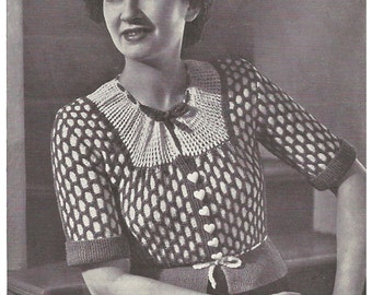 1930s Knitting Pattern for Womens Tyrolean Cardigan / Blouse - 35 in bust 90 cm  - Digital PDF