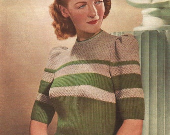 1940s Knitting Pattern for Womens Jumper in Two Colors - Short Puffed Sleeve - Marriner Knitting Wools - Digital PDF