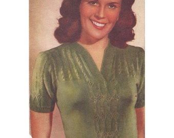 1940s Knitting Pattern for Womens Jumper / Blouse in Lace Stitch Short Sleeve - Digital PDF