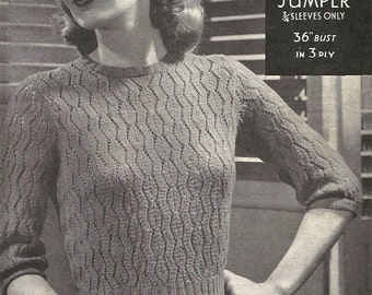 1940s Knitting Pattern for Womens Lace Jumper / Blouse 3/4 Sleeve - 36 in Bust - Digital PDF