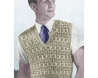 1940s Knitting Pattern for Mens Fair Isle Pullover / Sweater Vest - Digital PDF