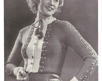 1930s Knitting Pattern for Womens Tyrolean Smocked Cardigan / Vest / Jacket - 33 in bust 84 cm  - Digital PDF