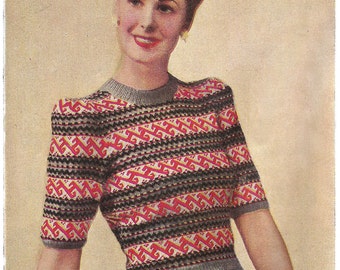 1940s Knitting Pattern for Womens Fair Isle Jumper - Delectable - Penelope - Digital PDF