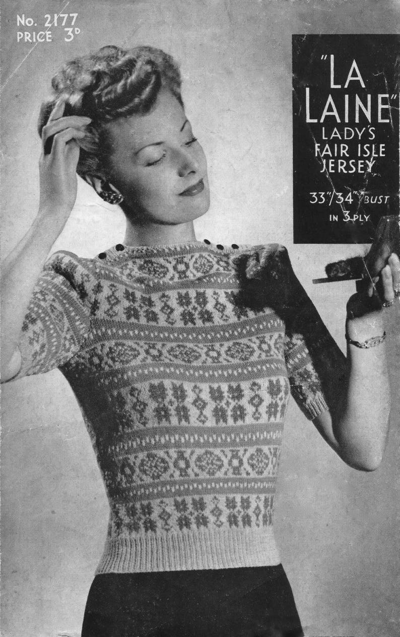 1940s Knitting Pattern for Womens Fair Isle Jumper La Laine Dasha Digital PDF image 1