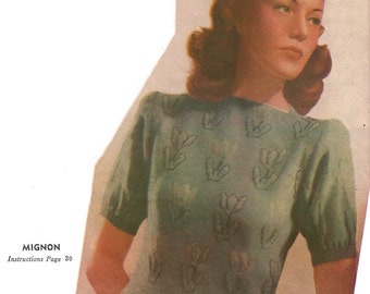 1940s Knitting Pattern for Womens Jumper / Sweater With Tulips and Short Sleeves - Digital PDF