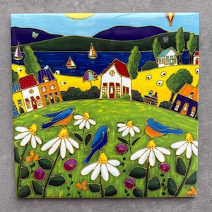 Ceramic tile square trivet landscape colourful houses blue bird daisy art print ceramic
