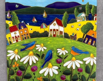 Ceramic tile square trivet landscape colourful houses blue bird daisy art print ceramic