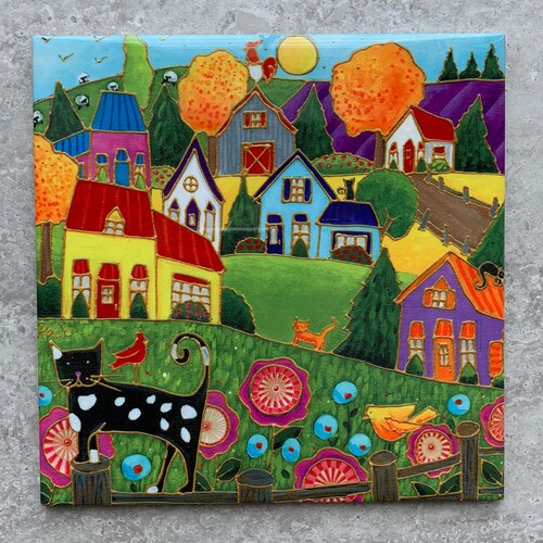 Dessous de plat céramique chat paysage coloré Art naif Décoration cuisine originale carreaux de céramique dosseret de cuisine