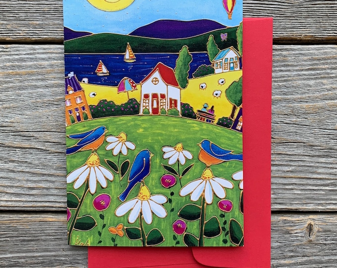 Greeting card colourful house blue merle daisy lake sailboat