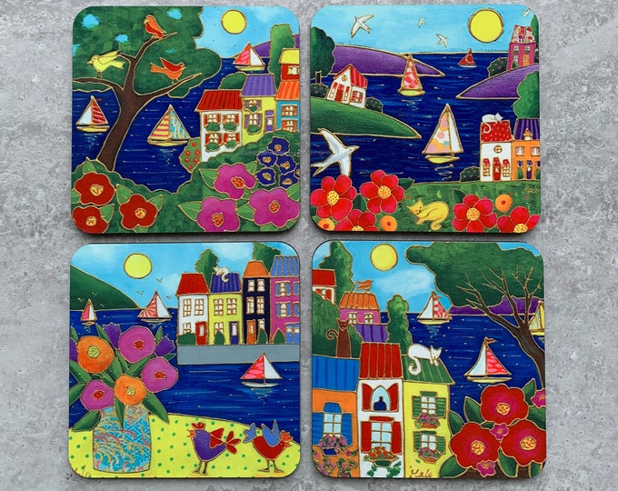 Featured listing image: Set of Coasters wood cork seaside landscape colourful house sailboat flower cat bird