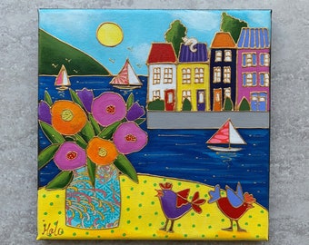 Original acrylic painting on canvas landscape colourful house wild turkey duck sailboat cat