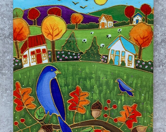 Featured listing image: Ceramic tile trivet colourful autumn landscape blue bird art print ceramic