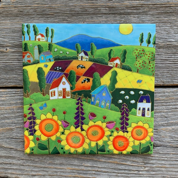 Trivet Ceramic tile square landscape sunflowers art print ceramic
