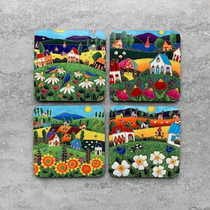 Set of Coasters wood cork landscape colourful house blue bird sunflower colourful flower daisy image 1
